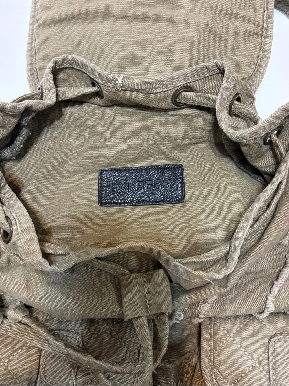 Express Olive Green Distressed Canvas Backpack Quilted Boho Utility